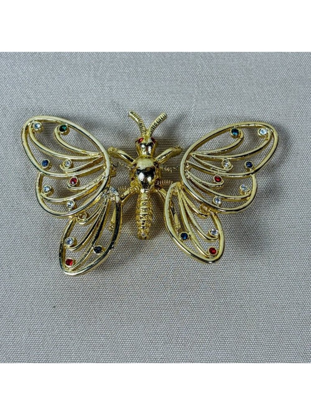 Vintage Victorian Revival Trembling Butterfly Brooch Gold Tone Rhinestones C17